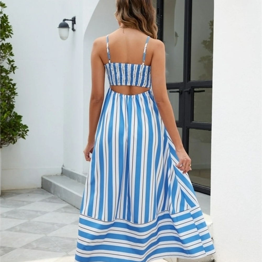 Blue and White Striped Maxi Dress Sz XL - Picture 2 of 7